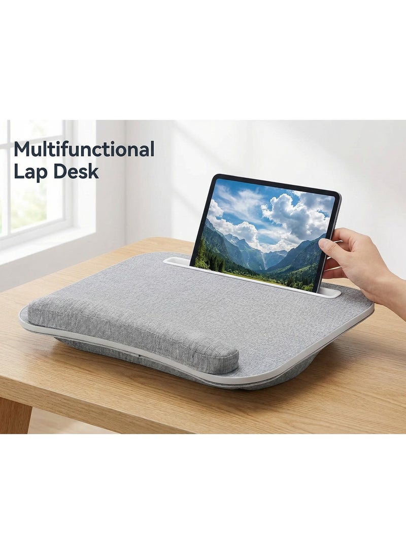 A practical and portable laptop table with a built-in laptop footrest, a comfortable non-slip wooden desk, a tablet holder, and a wrist rest. Suitable for transport and use anywhere. Available in gray. - Image 5